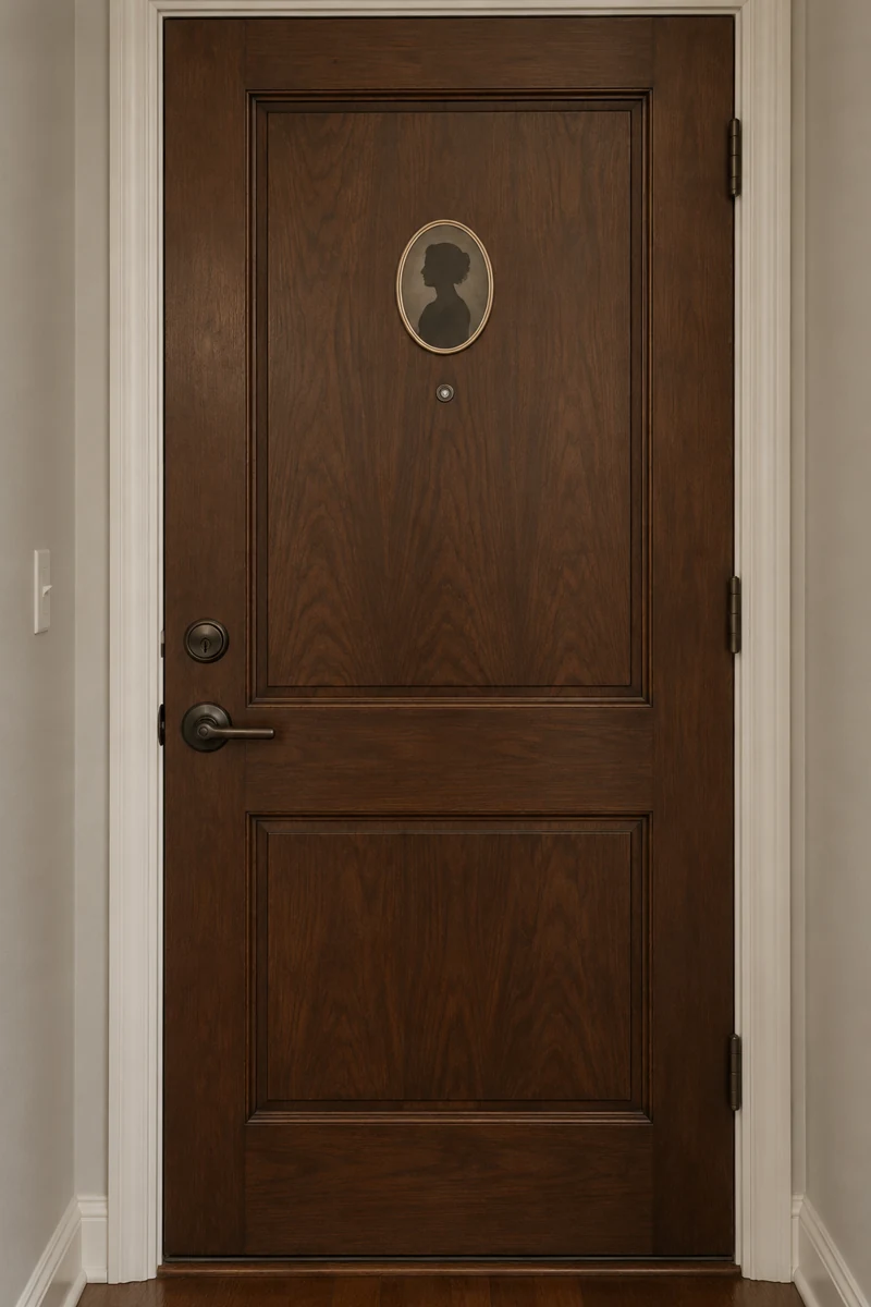 Ghostly Cameo Portrait displayed on a dark walnut wood apartment door