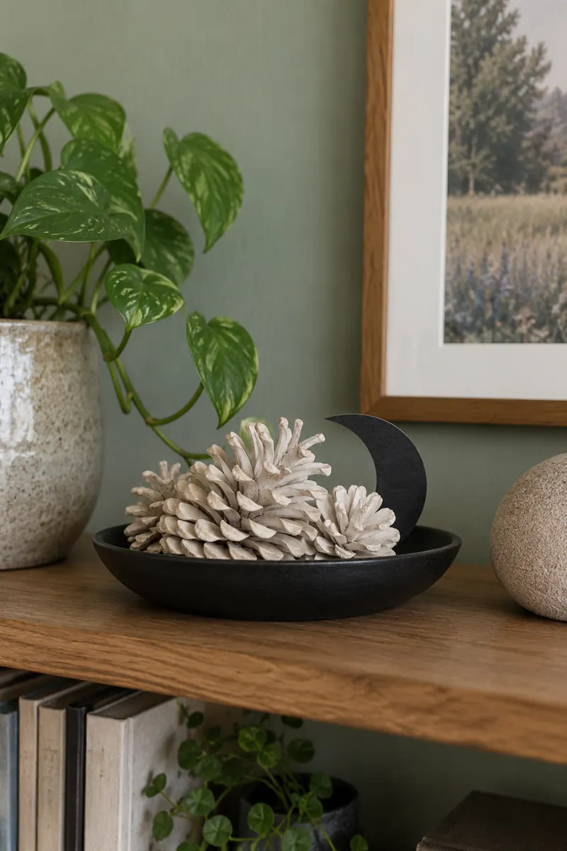 Ivory painted pinecones and a small paper moon sit in a dark dish