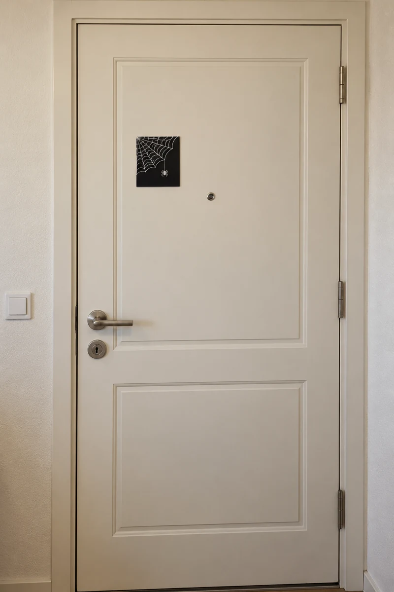 Spiderweb Corner Print displayed on a cream apartment door