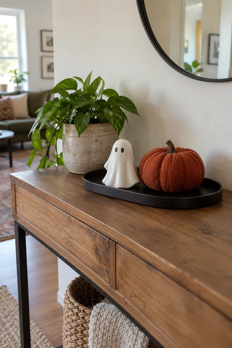 A white ceramic ghost and rust fabric pumpkin sit together on a plain black tray