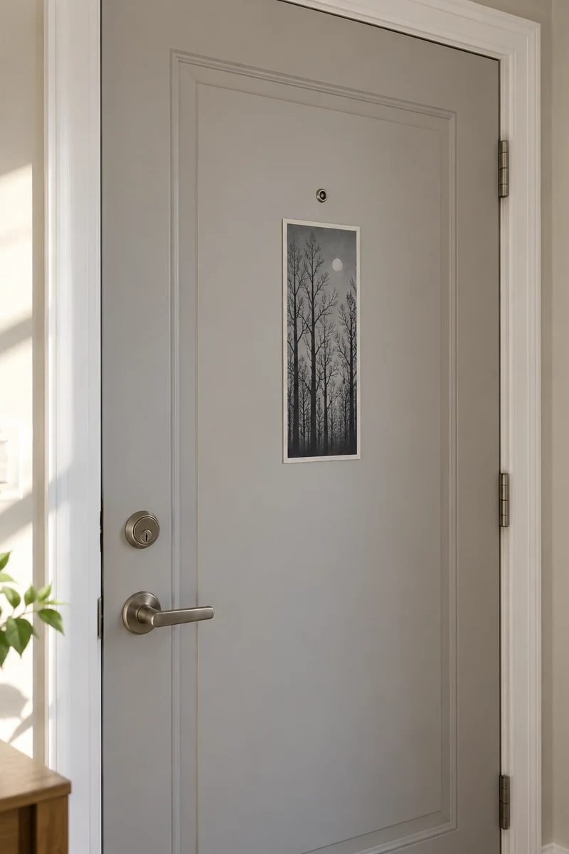Midnight Forest Panel displayed on a light gray apartment door