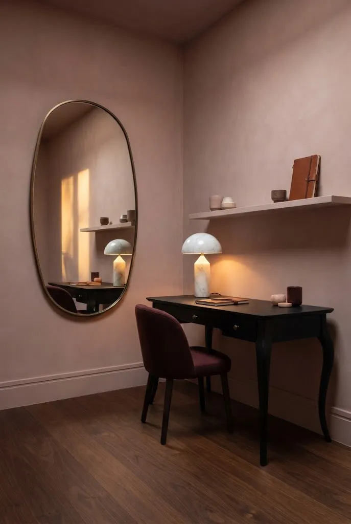 Small room office with no windows, where a large oval mirror reflects a glowing mushroom lamp on a black desk beside a plum velvet chair and a floating shelf