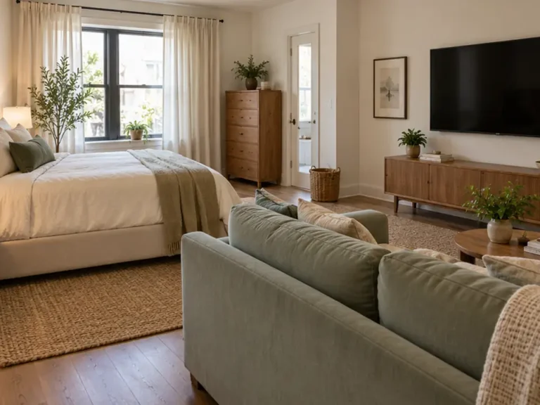 bedroom with TV and sofa layout ideas