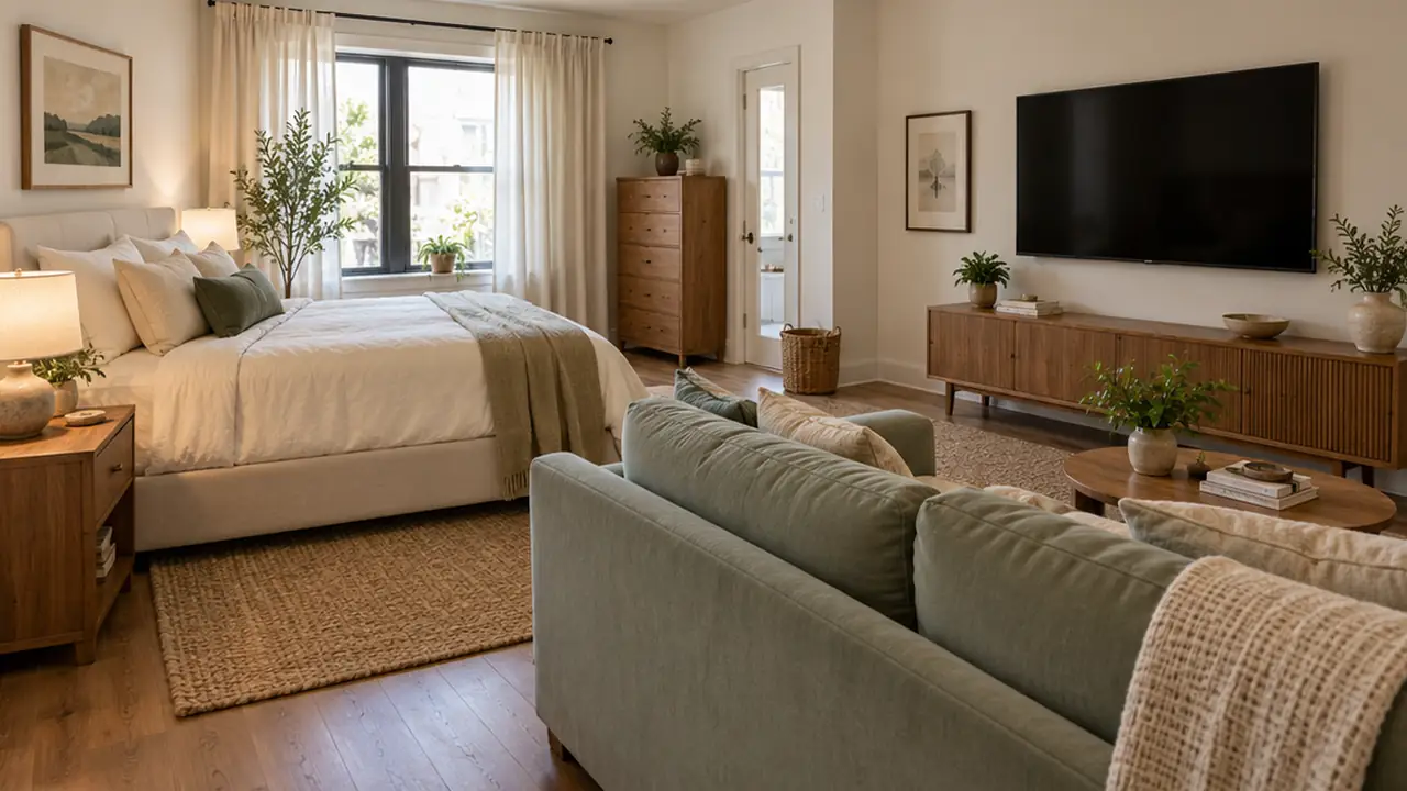 bedroom with TV and sofa layout ideas