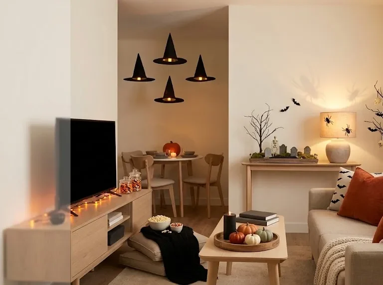 Small apartment Halloween decor ideas in a studio living room with floating witch hats over the dining table, a black branch tree with bats, a pumpkin tray on the coffee table, and orange pillows on a cream sofa