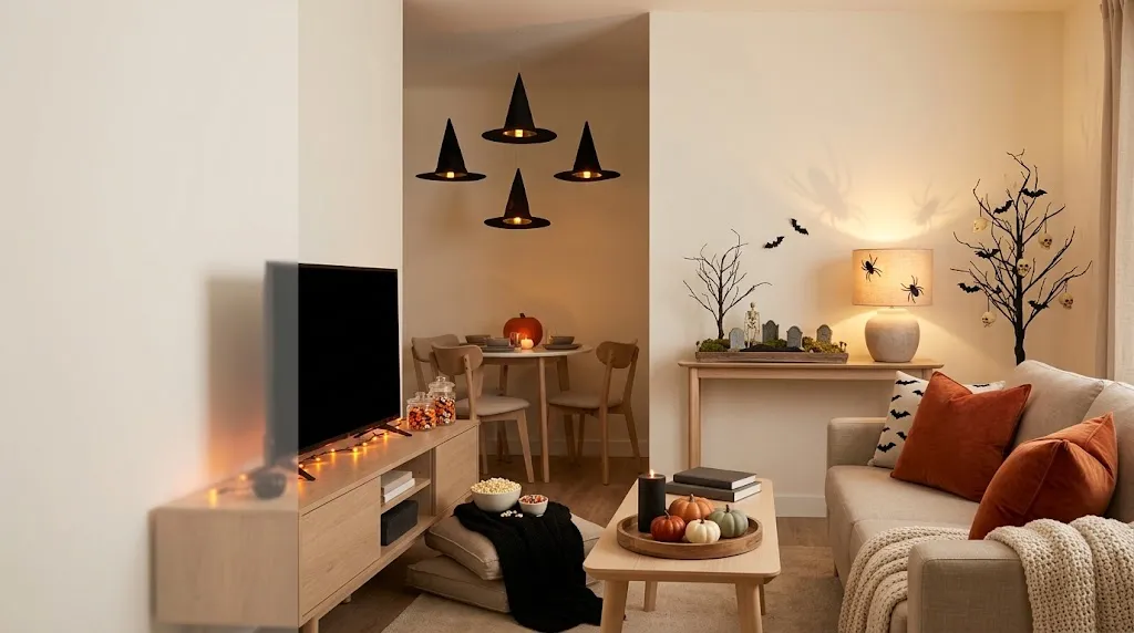 Small apartment Halloween decor ideas in a studio living room with floating witch hats over the dining table, a black branch tree with bats, a pumpkin tray on the coffee table, and orange pillows on a cream sofa