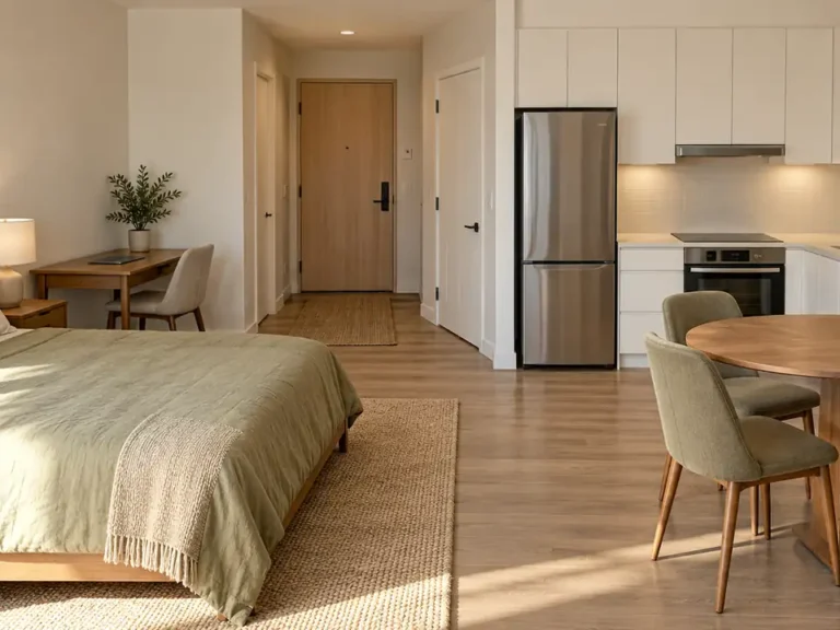 one room studio apartment with kitchen