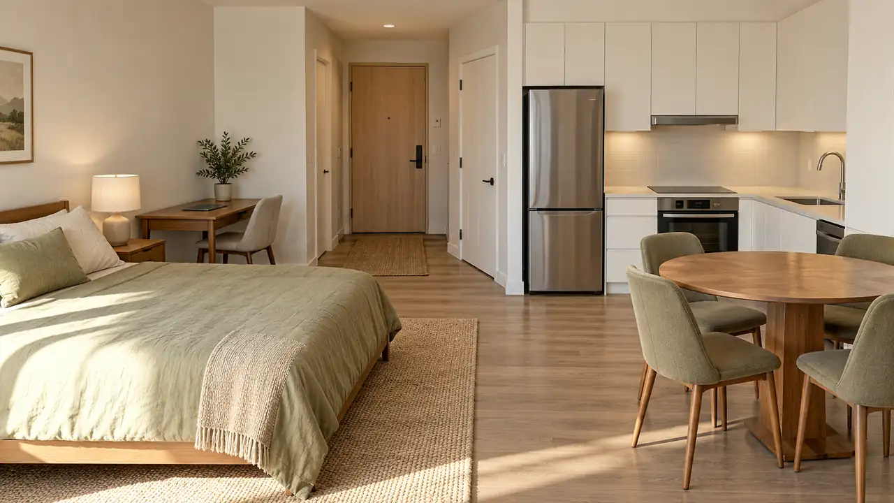 one room studio apartment with kitchen