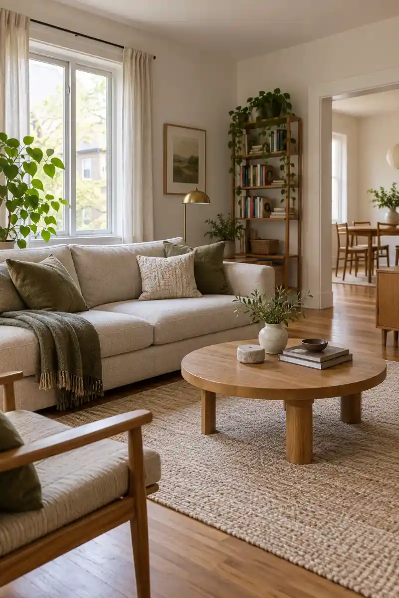 Comfortable oatmeal sofa with olive cushions in a modest apartment living room, low oak table and ample walking space