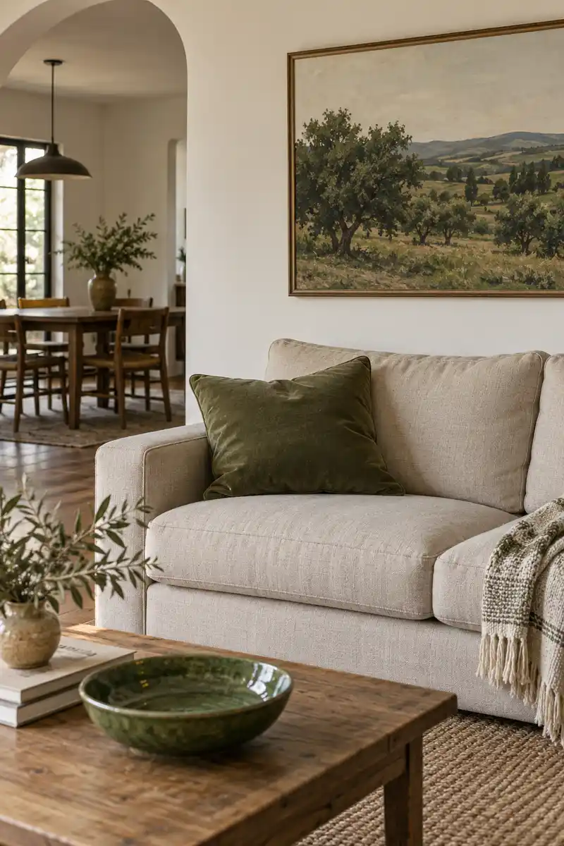 Oatmeal apartment sofa with olive cushion, olive landscape print and green ceramic bowl
