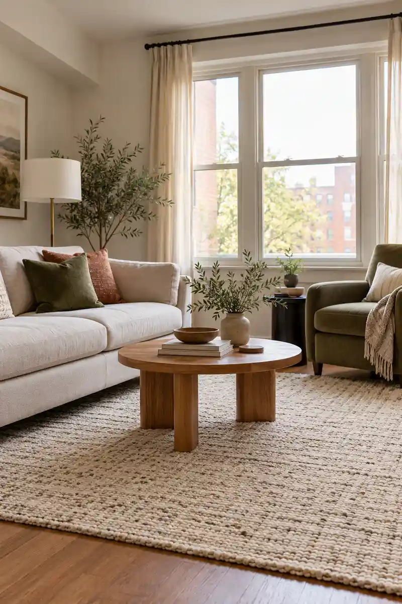 Cream textured rug beneath front feet of a sofa and lounge chair, clear apartment seating arrangement