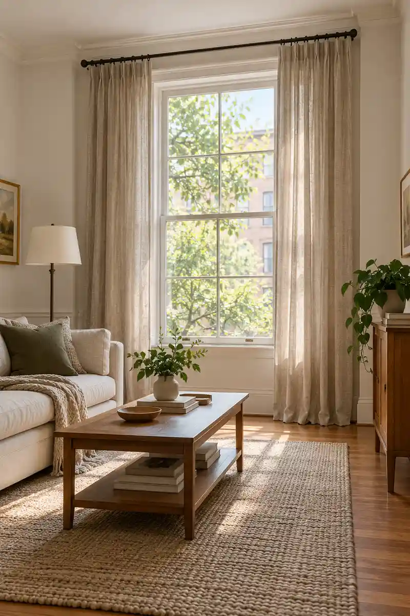 Full length natural linen curtains framing apartment window, clear radiator-free wall and daylight