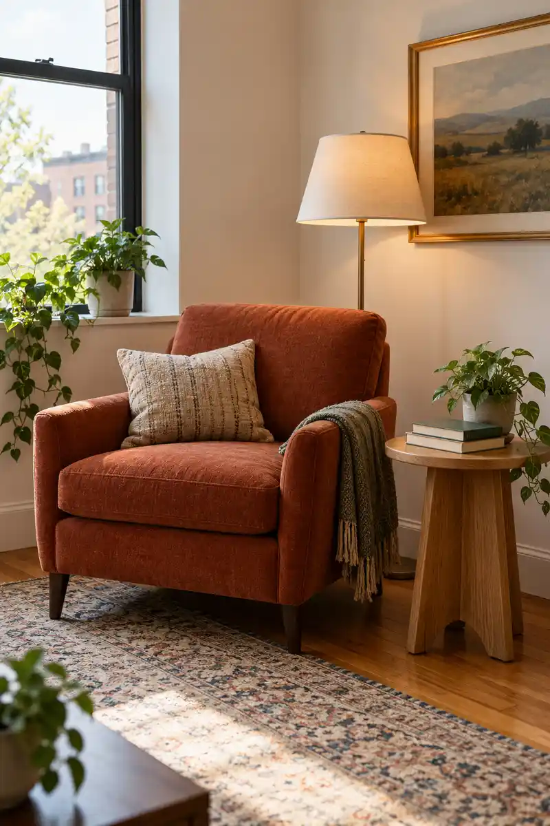 Comfortable rust reading chair with small oak side table, shaded floor lamp and two books in apartment corner