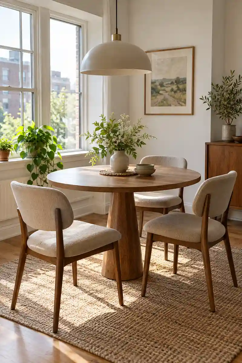 Small round wood dining table with three comfortable chairs in bright apartment dining nook