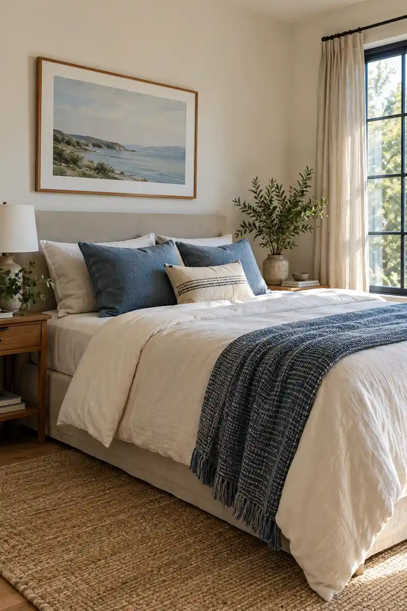 Neatly made apartment bed with ivory duvet, blue linen pillows and folded textured blanket