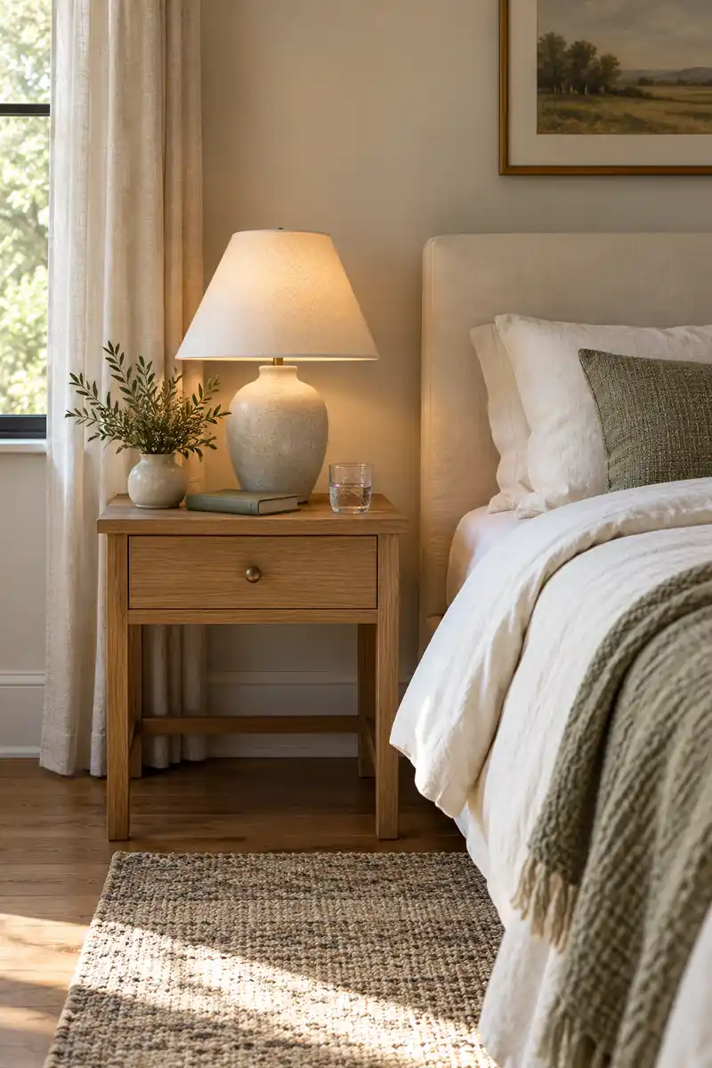 Oak bedside table with one drawer, shaded lamp, book and water glass beside ivory bed