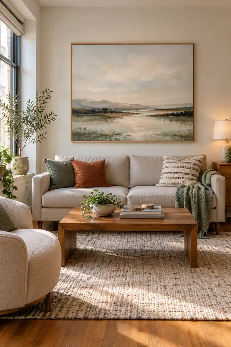 Single large framed abstract landscape above apartment sofa, balanced wall spacing and natural light