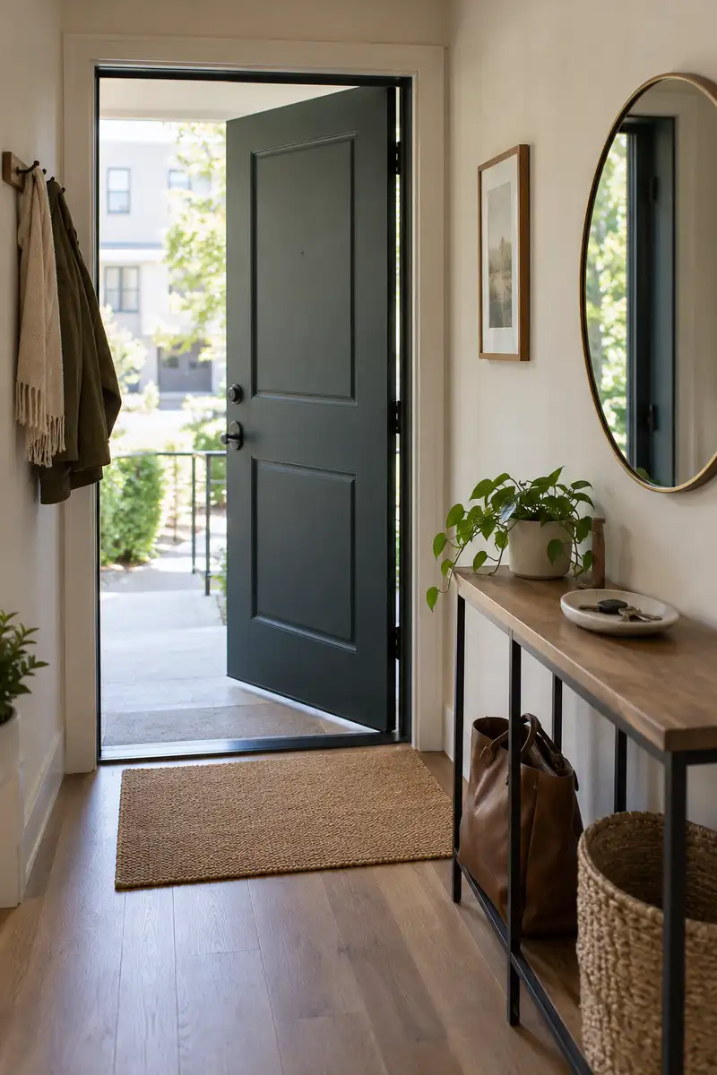 Small apartment entry with plain doormat and narrow console holding key dish, bag beneath and clear door swing
