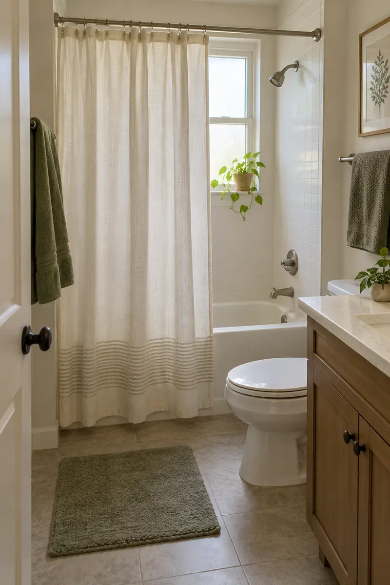 Small clean apartment bathroom with cream shower curtain, sage towels and compact bath mat, no clutter