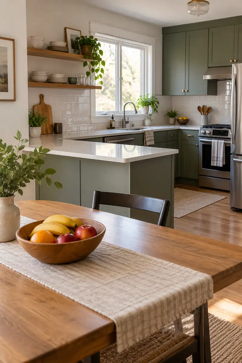 Tidy apartment kitchen with clear preparation counters and wood fruit bowl on separate dining ledge
