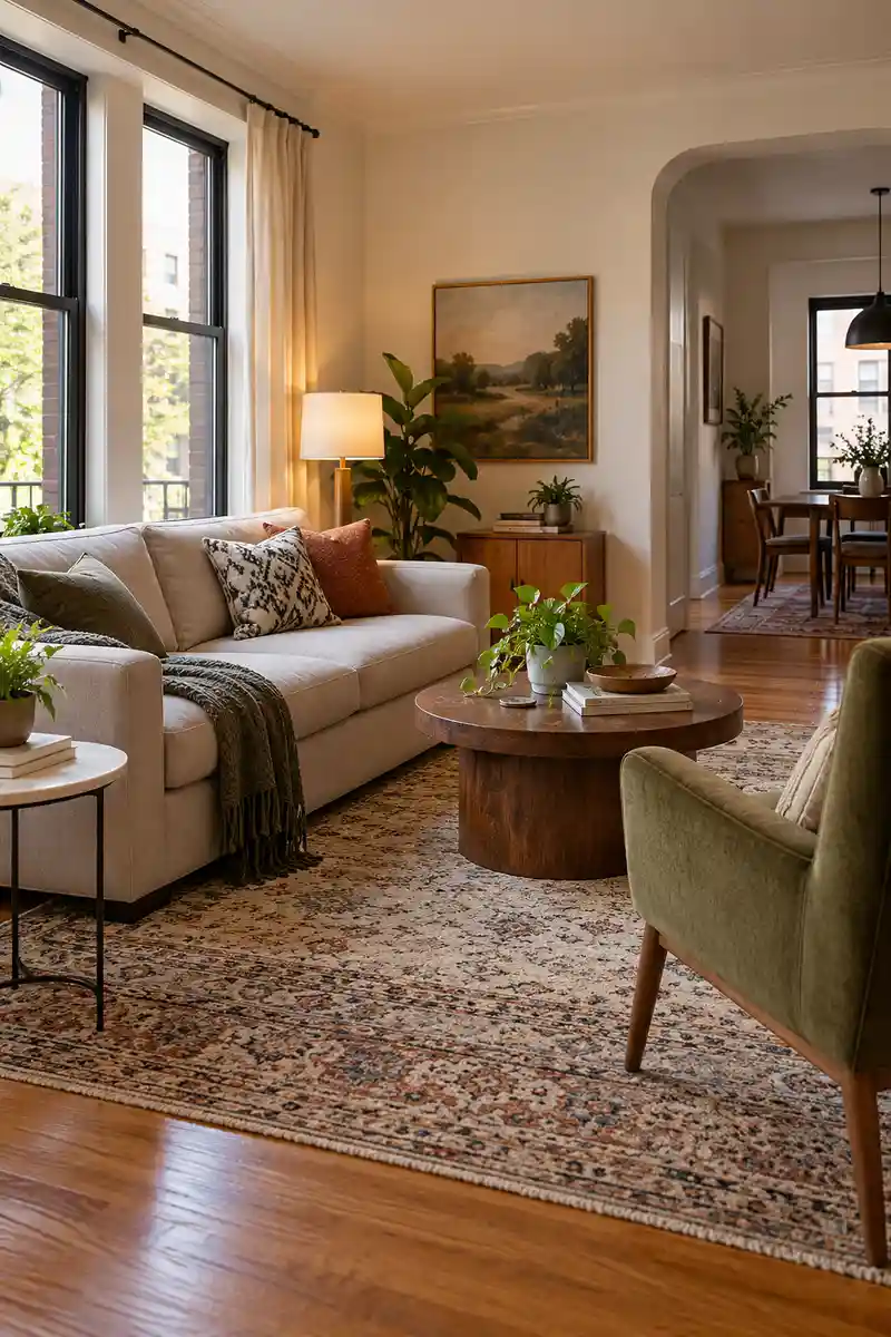 Apartment sofa with accent chair angled toward it, small side tables and open conversational layout