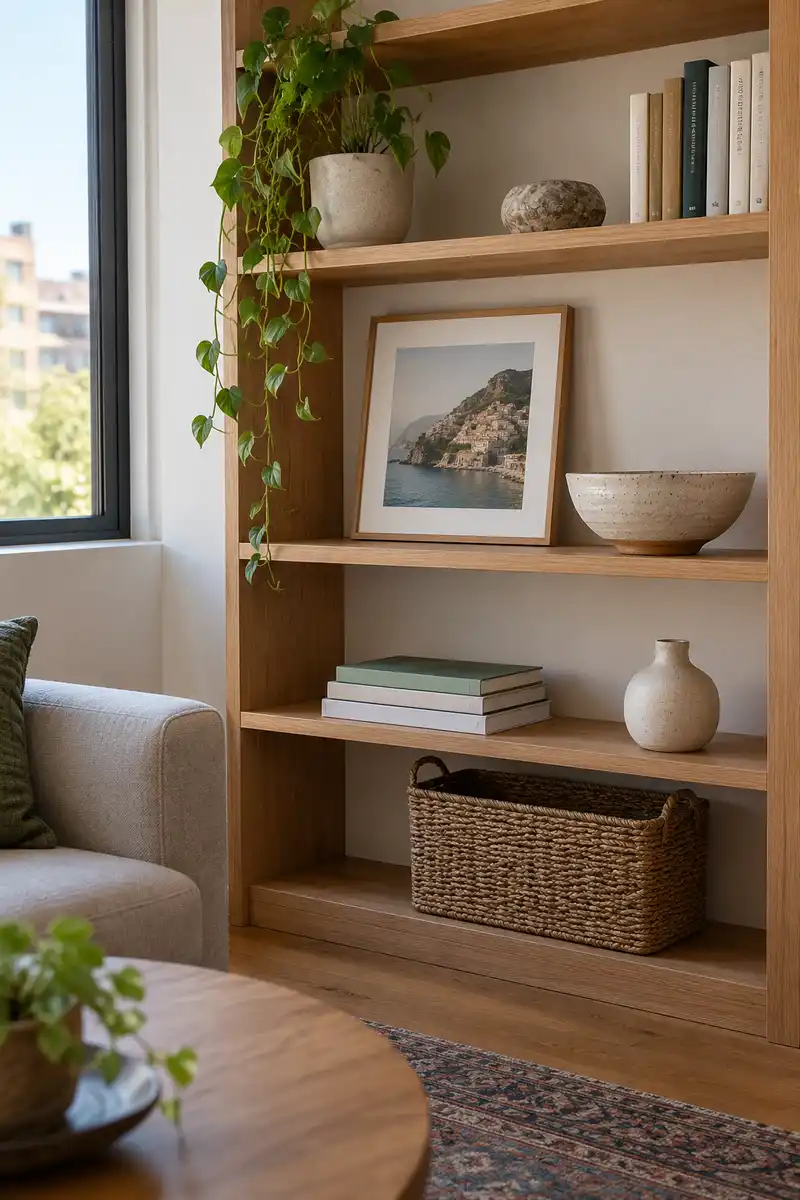 Apartment shelf with handmade ceramic bowl, framed travel photograph and a few well spaced books