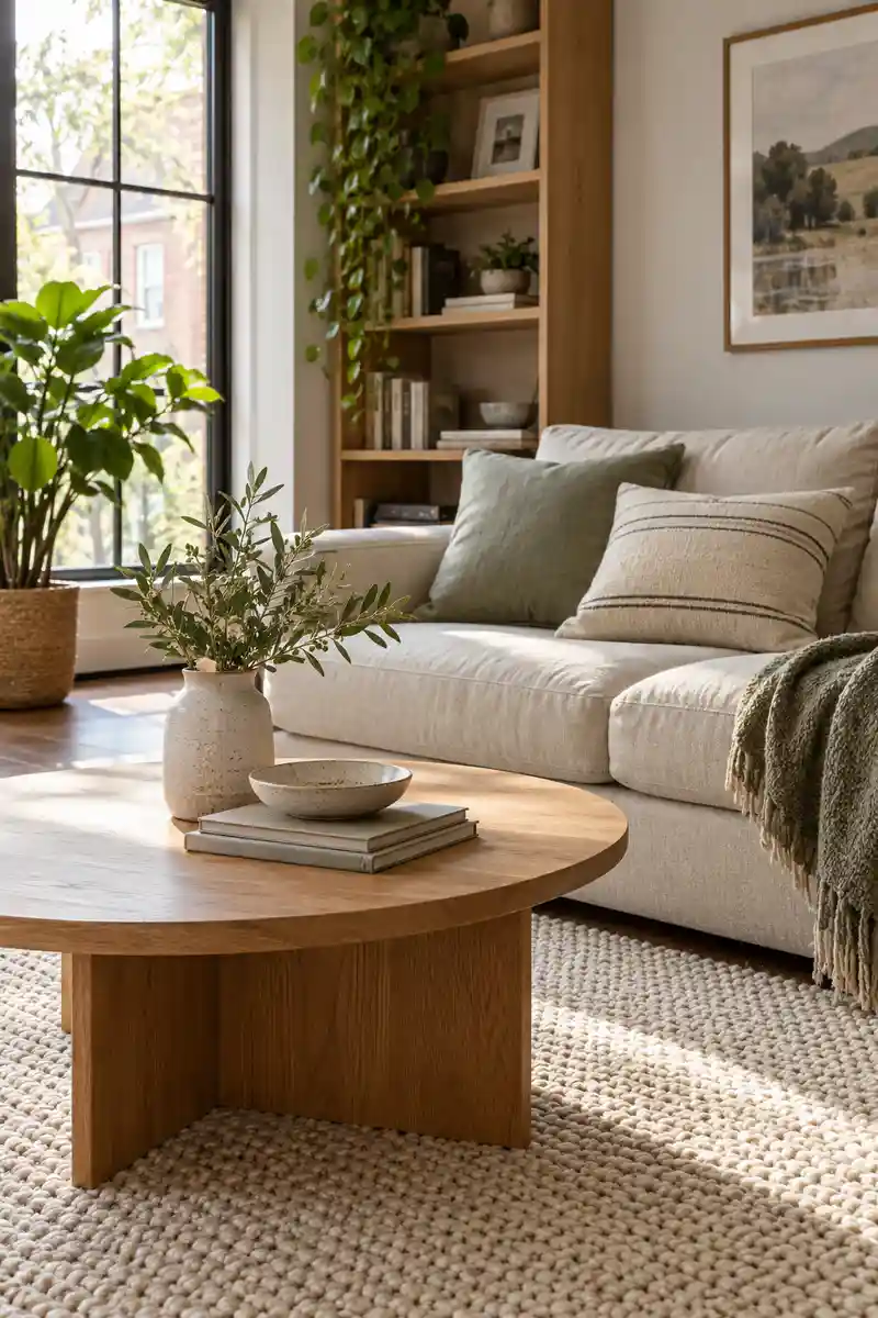 Close apartment living room vignette with linen sofa, smooth oak table, woven cream rug and cotton cushion