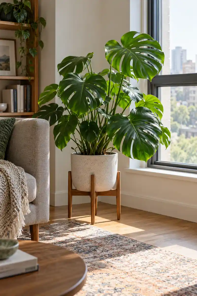 Single leafy houseplant in stable ceramic pot on protected stand beside bright apartment window