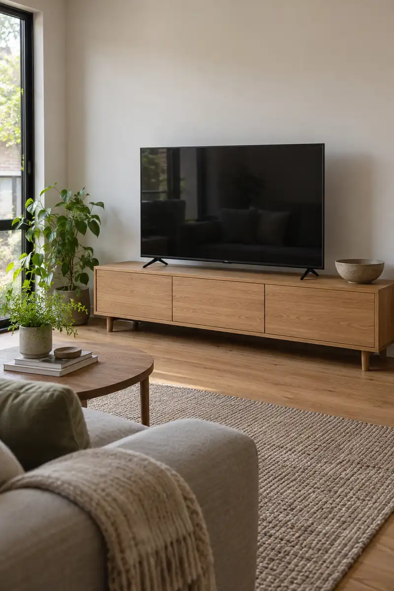 Television on low oak media cabinet with simple bowl at one end and uncluttered apartment wall