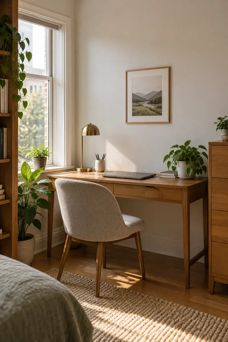 Simple apartment desk with closed laptop, comfortable chair and small framed print, wood matching nearby furnishings