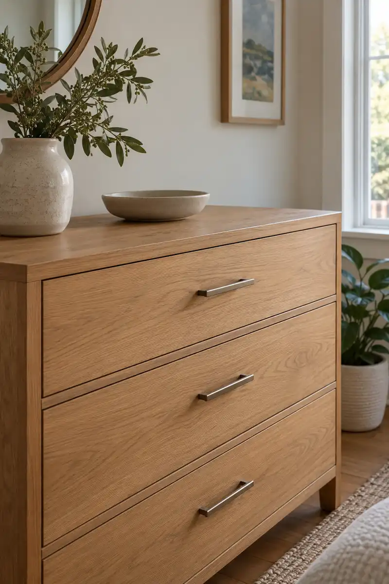Close view of clean oak apartment dresser with simple brushed metal drawer pulls and minimal ceramic dish