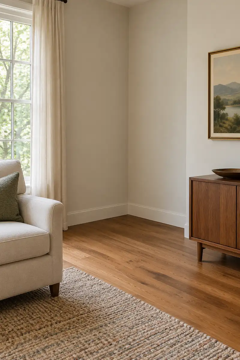 Calm apartment living room with one deliberately empty corner, comfortable chair and large framed artwork