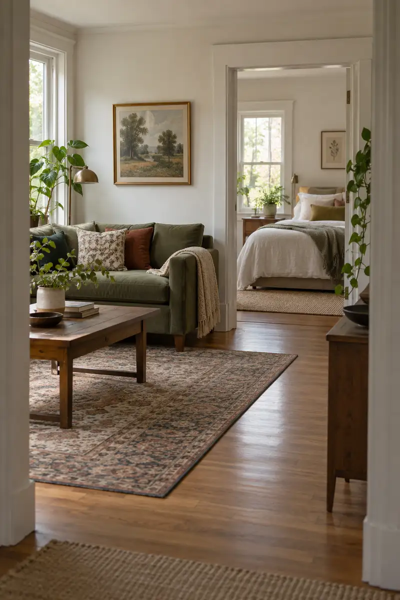 Doorway view through comfortable cohesive apartment with living room, softly dressed bed beyond and clear routes
