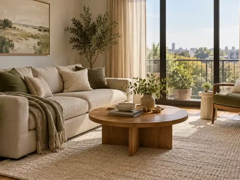 Welcoming apartment living room with an oatmeal sofa, olive cushions, oak coffee table, cream rug, framed landscape and linen curtains