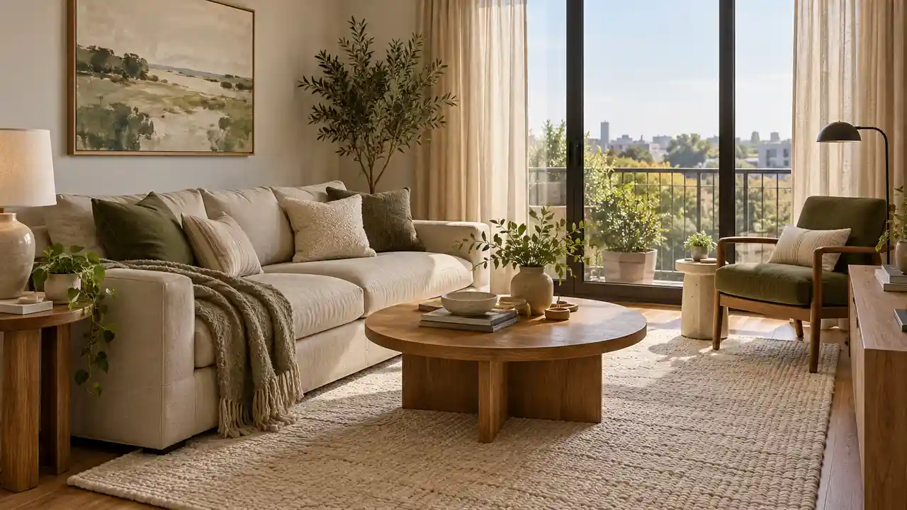Welcoming apartment living room with an oatmeal sofa, olive cushions, oak coffee table, cream rug, framed landscape and linen curtains