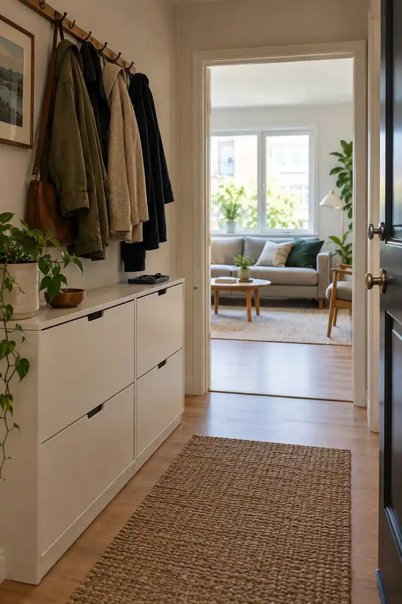 Functional apartment entry with shallow closed shoe cabinet, simple coat rail and clear doorway