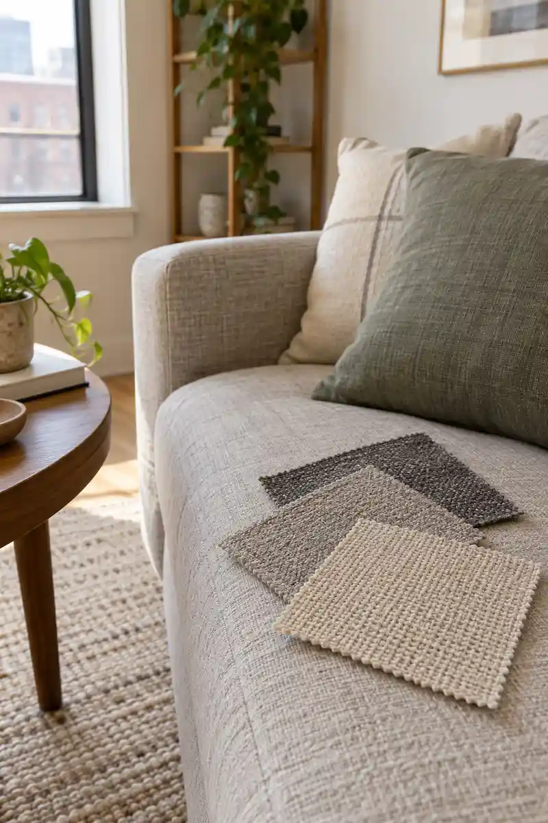 Close view of three neutral upholstery fabric swatches beside a frequently used apartment sofa