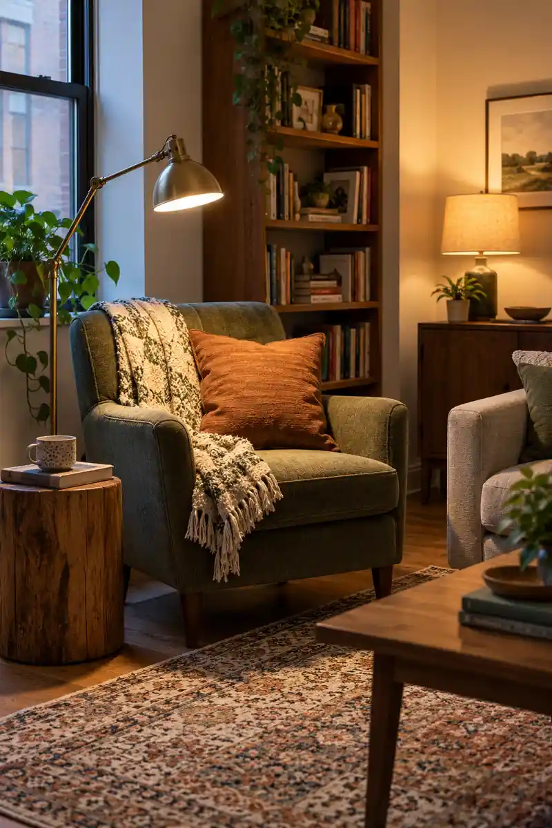 Apartment reading seat illuminated by focused adjustable lamp, separate shaded table lamp in background