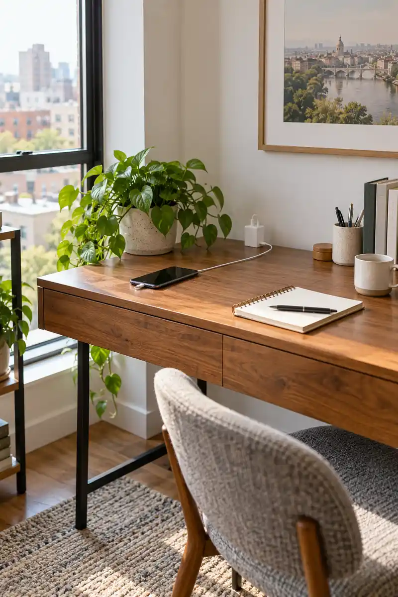 Open apartment desk corner with phone and charger neatly arranged, visible cable and clear surface, no enclosed charging box
