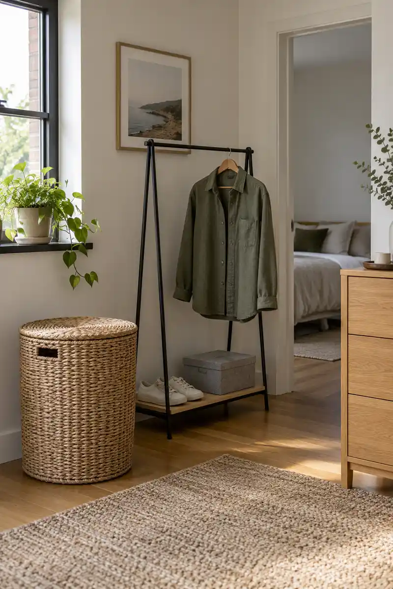 Woven hamper beside short clothes rail holding one overshirt in tidy apartment dressing area
