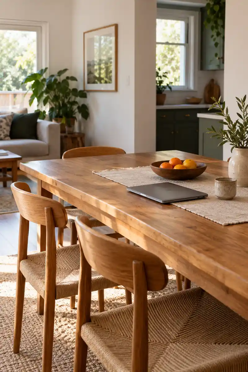 Apartment dining work table in warm wood with plain placemat and closed laptop