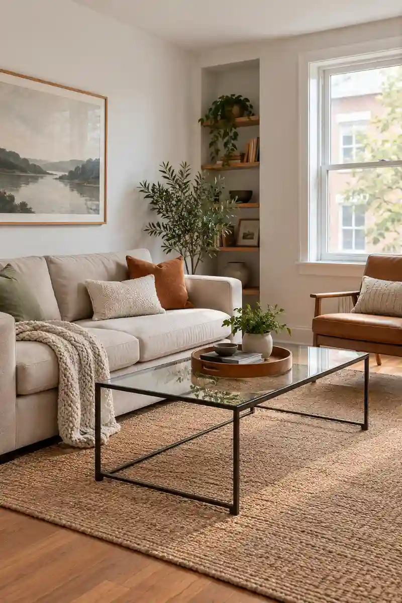 Simple apartment seating area with open floor around furniture, one tray and clear coffee table