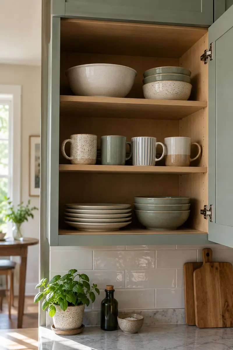 Open apartment kitchen cupboard with everyday mugs on easy reach shelf and serving bowls above