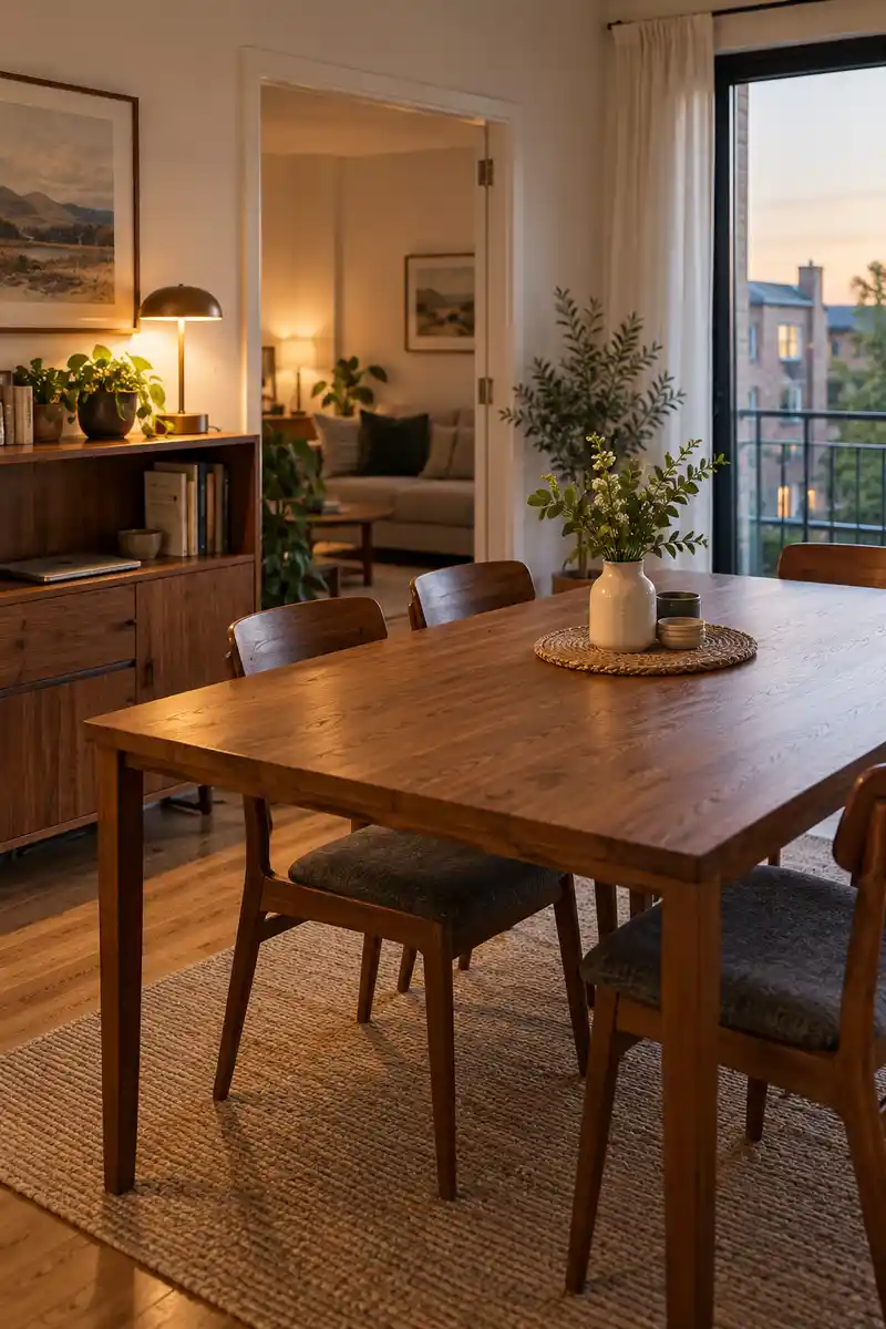 Apartment dining table cleared for evening with laptop stored on nearby cabinet shelf