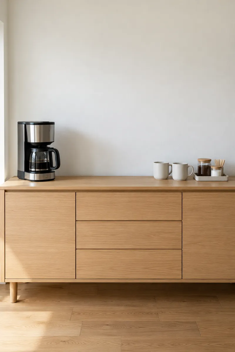 Simple apartment coffee preparation area with clear appliance space, two mugs and small wipeable supply tray