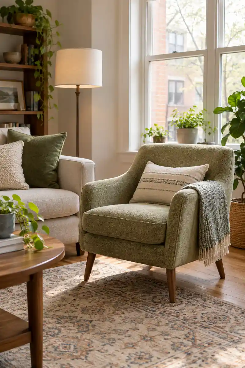 Lightweight upholstered occasional chair angled between apartment sofa and bright window