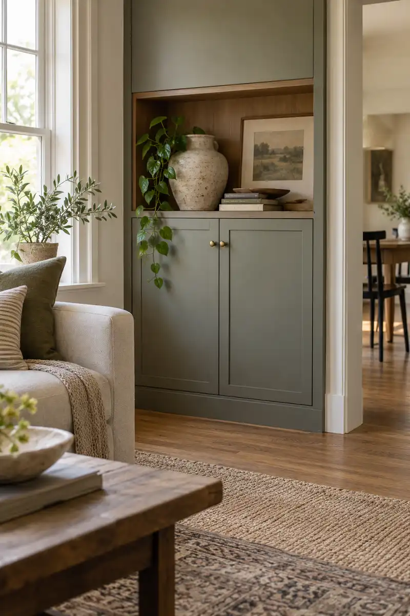 Apartment cabinet with closed lower doors and one open shelf displaying ceramic piece and books
