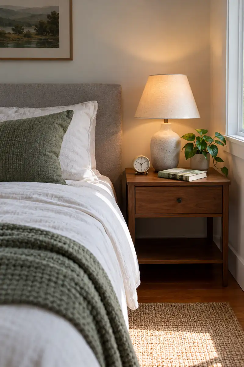 Minimal apartment bedside setup with current book, small alarm clock and shaded lamp, clear bedding