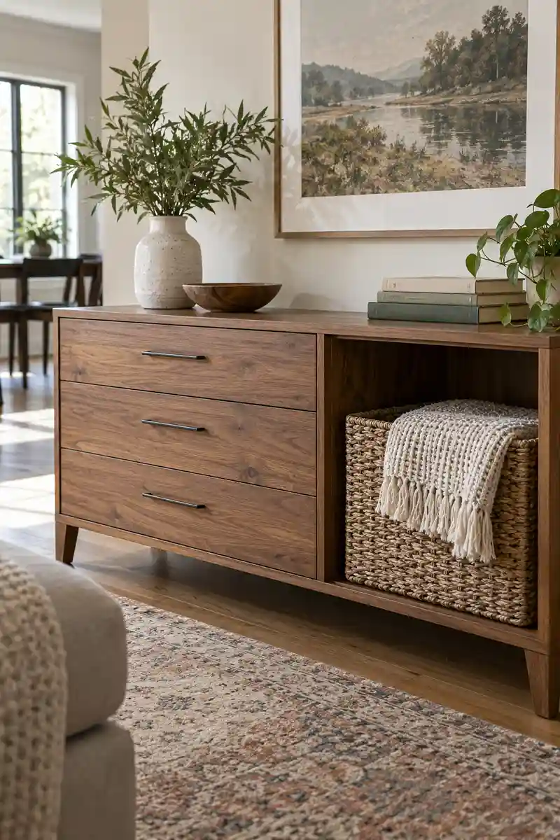 Apartment cabinet with closed drawers beside one open basket holding folded throw