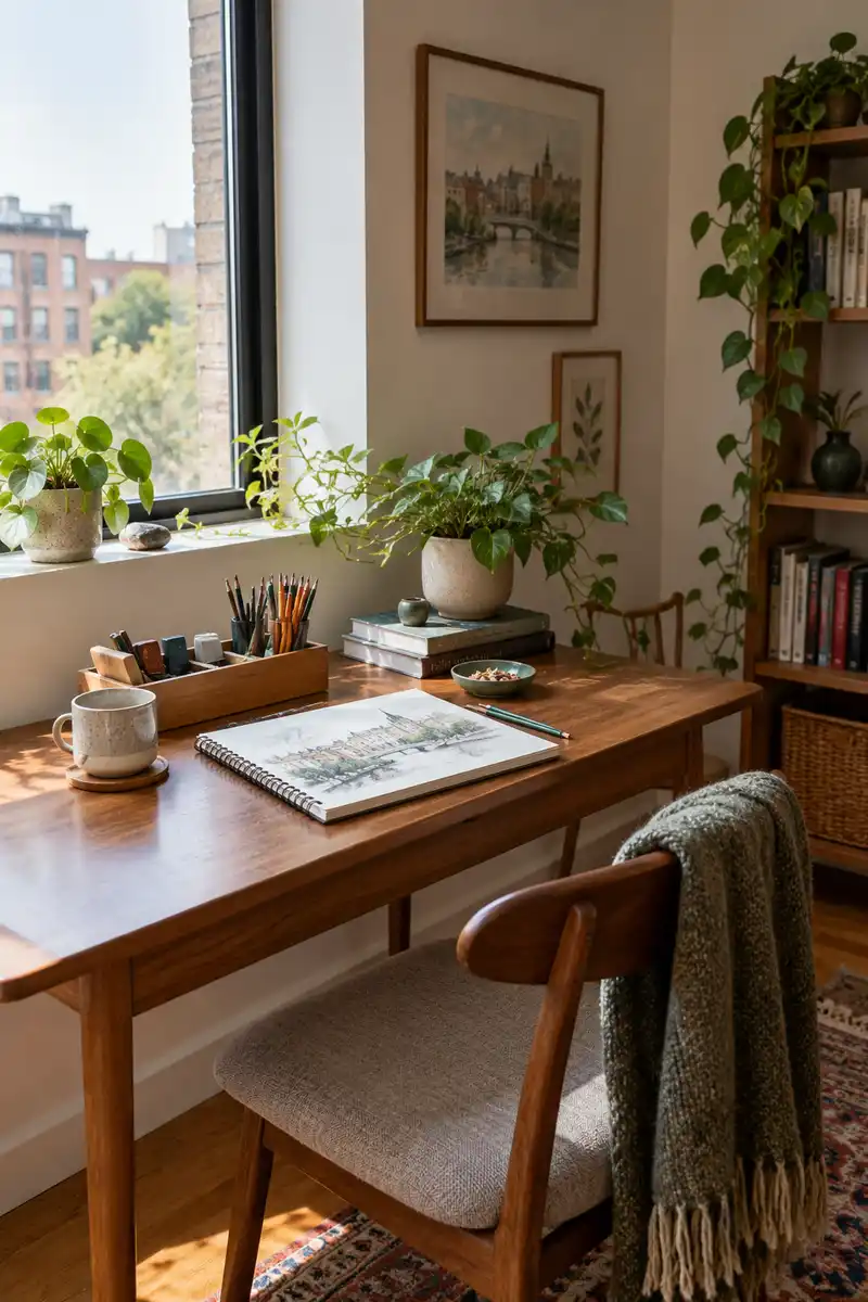 Apartment hobby corner with sketchbook and art pencils in small organizer on dedicated clear table